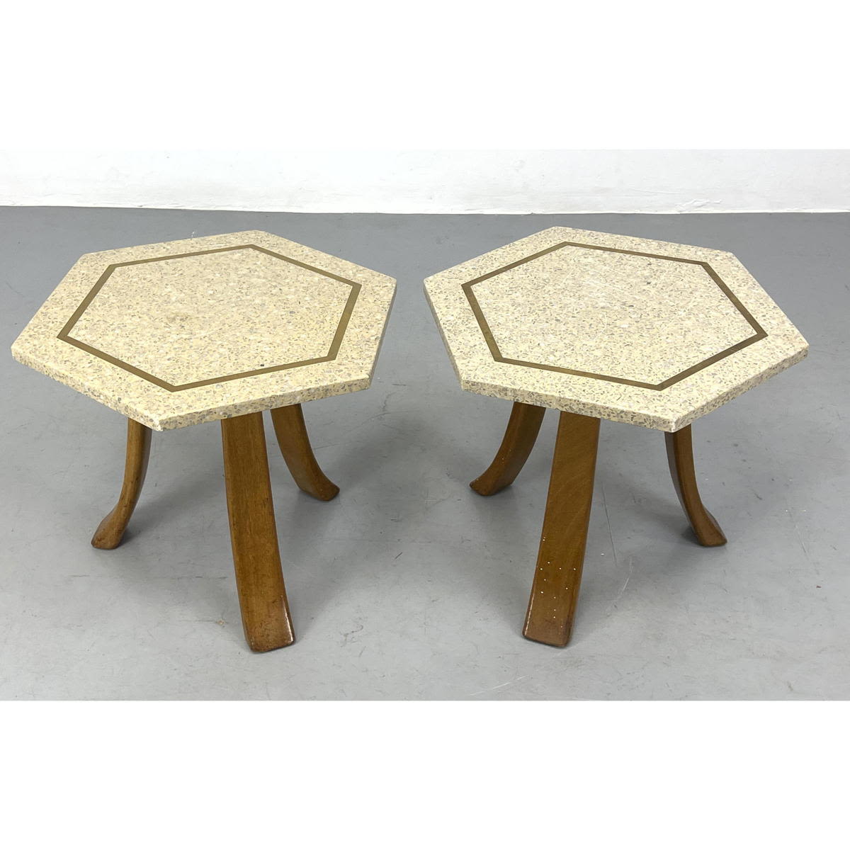 Appraisal: Pair HARVEY PROBBER Tessellated Top Side Table Brass band Dimensions