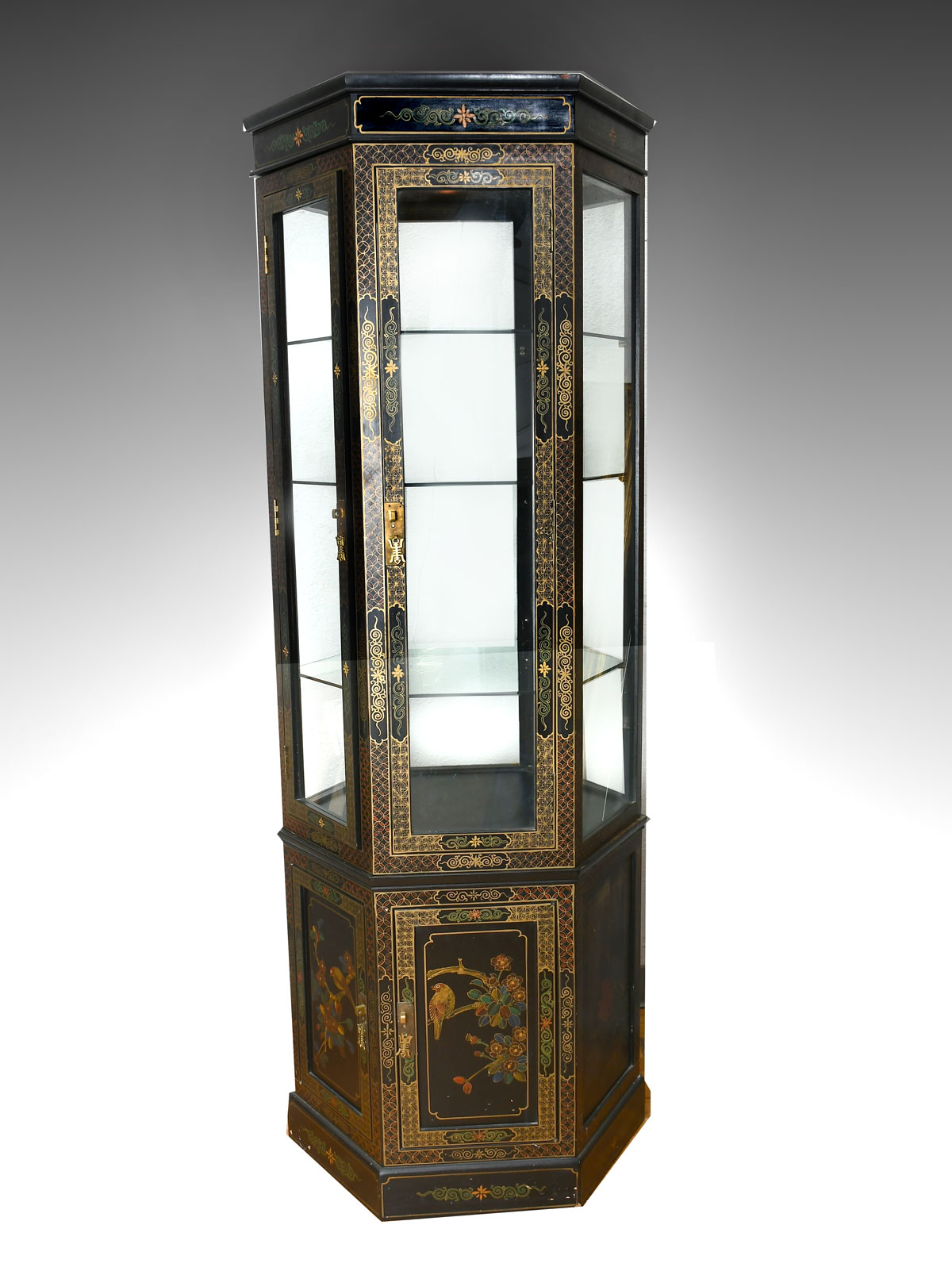 Appraisal: CHINESE LACQUERED HEXAGONAL CURIO CABINET Having a shelf single light