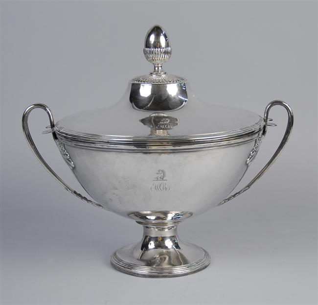 Appraisal: FRENCH EMPIRE SILVER TWO HANDLED COVERED FOOTED TUREEN circa height