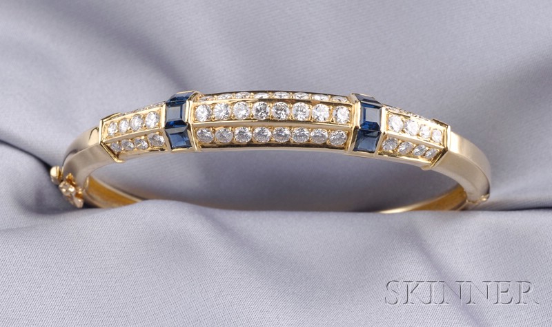 Appraisal: kt Gold Sapphire and Diamond Bracelet France the hinged bangle