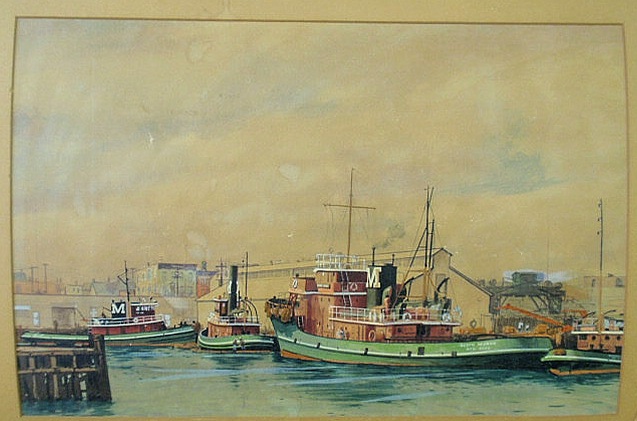 Appraisal: Brank Rockwell American - detailed watercolor painting of tugboats at