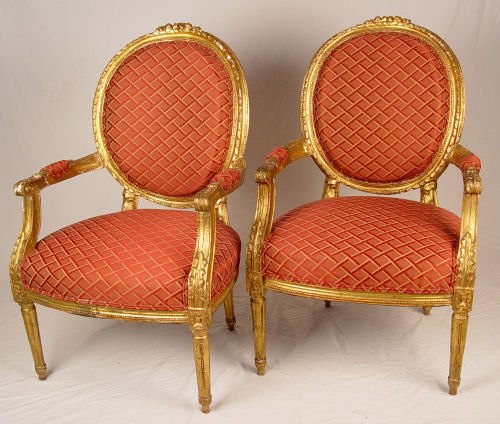 Appraisal: PAIR LOUIS XVI STYLE GILT WOOD FAUTEILS Measures '' high