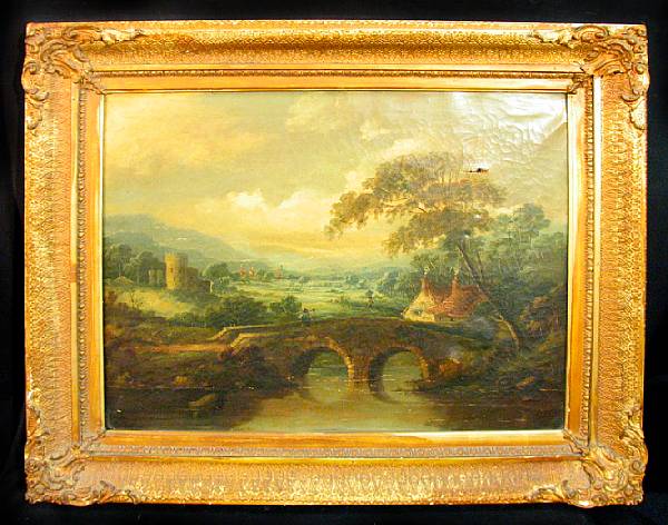 Appraisal: English School An extensive landscape with a figure crossing a