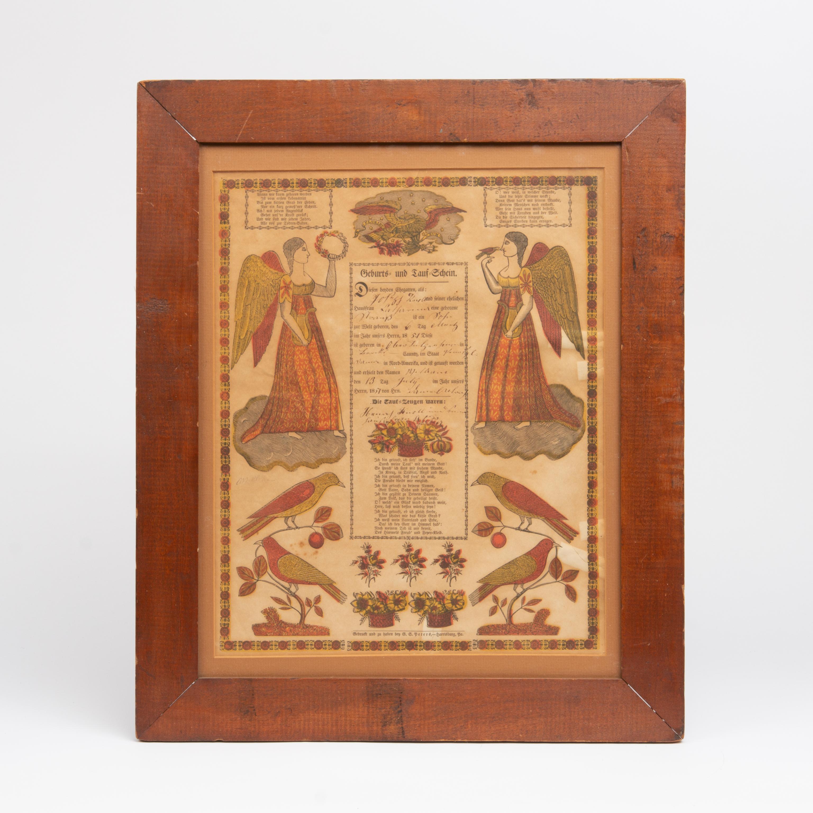 Appraisal: PENNSYLVANIA GERMAN FRAKTUR An hand-tinted engraving Pennsylvania German fraktur recognizing