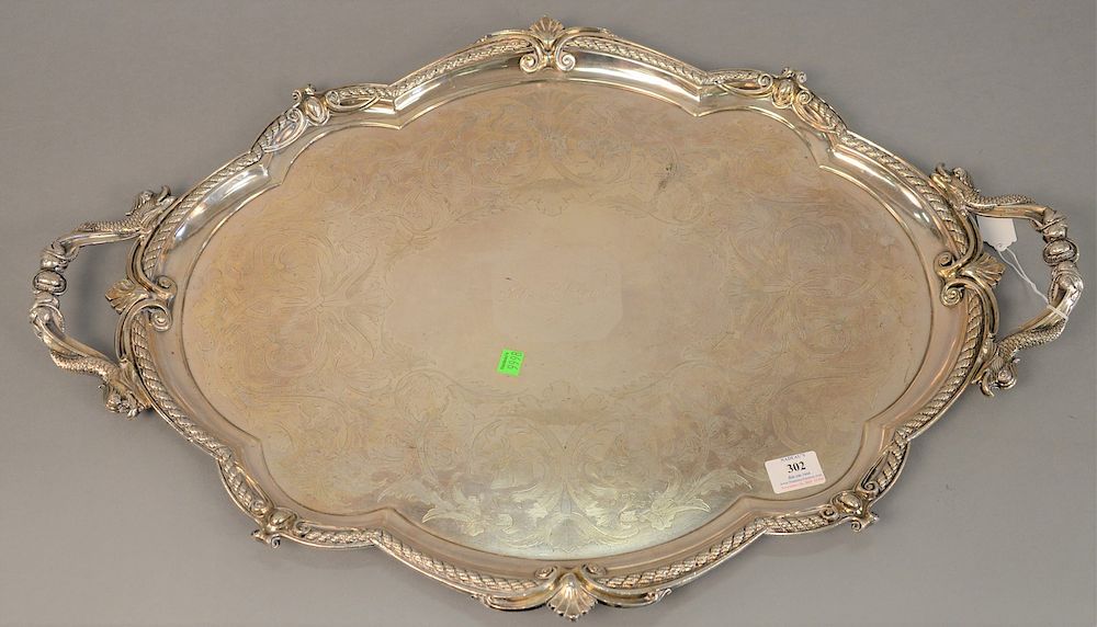 Appraisal: Large silver plated tray having dolphin handles marked Sheffield James