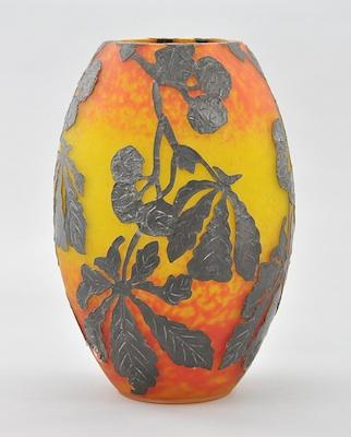 Appraisal: A Mottled Orange Glass Vase with Silver Overlay Measuring approx