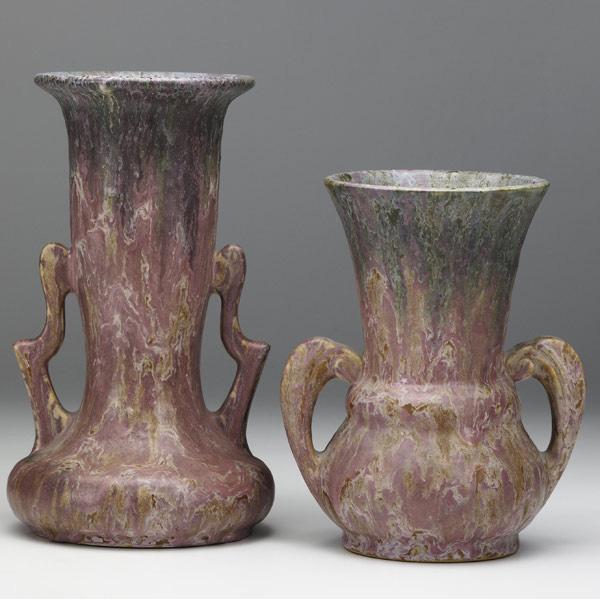 Appraisal: ROSEVILLE Red Carnelian II two vases and Invisible restoration to