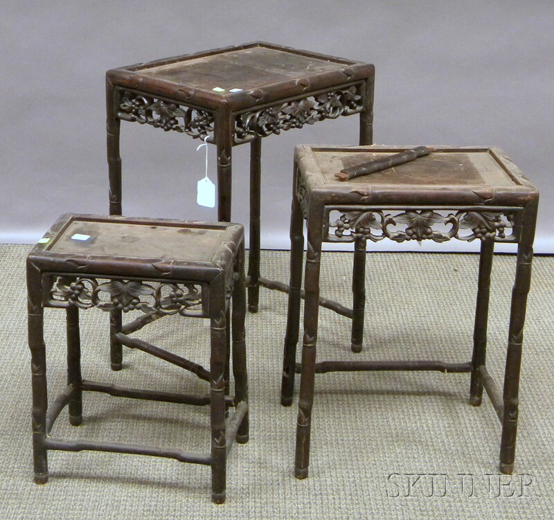 Appraisal: Set of Three Chinese Export Carved Hardwood Stands repairs damage