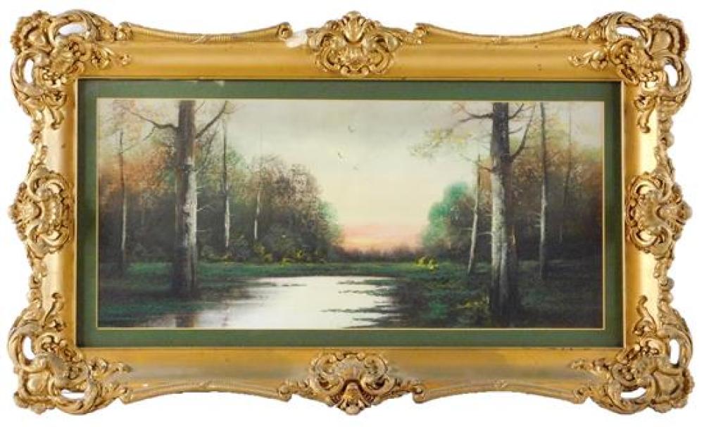 Appraisal: Serene th C pastel landscape with calm water through center