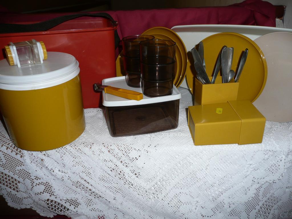 Appraisal: A vintage Style picnic set with mustard cutlery box bowls