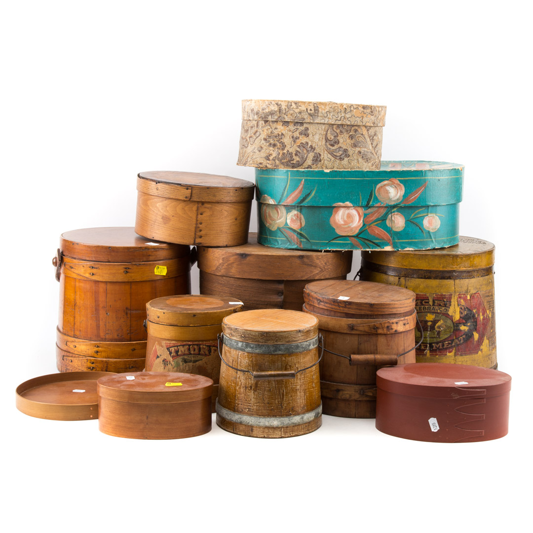 Appraisal: assorted wood storage containers including Firkins advertising and wallpaper-covered boxes