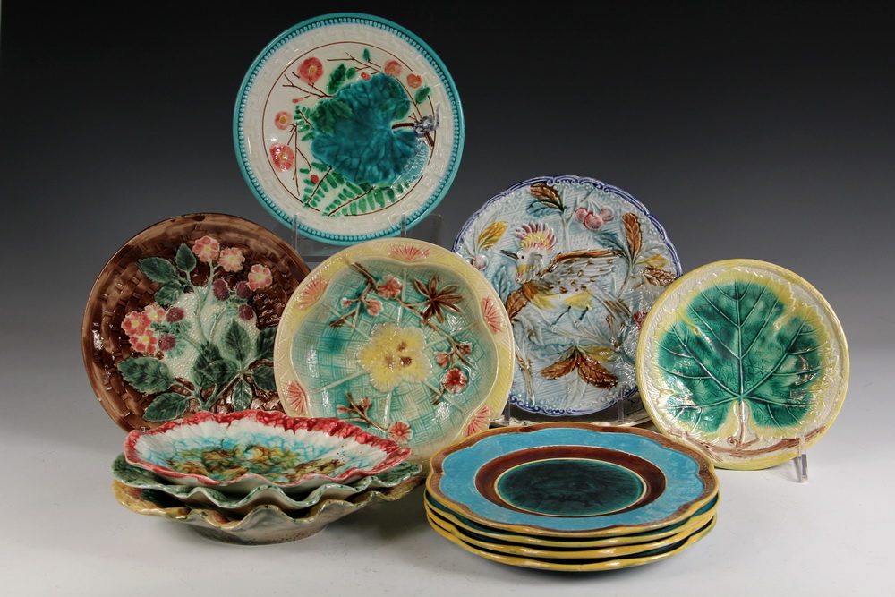 Appraisal: PCS MAJOLICA - Including Embossed Scenic Plates Floral Plates Raspberry