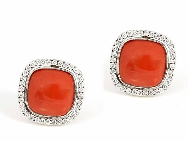 Appraisal: A pair of coral diamond and k white gold earrings