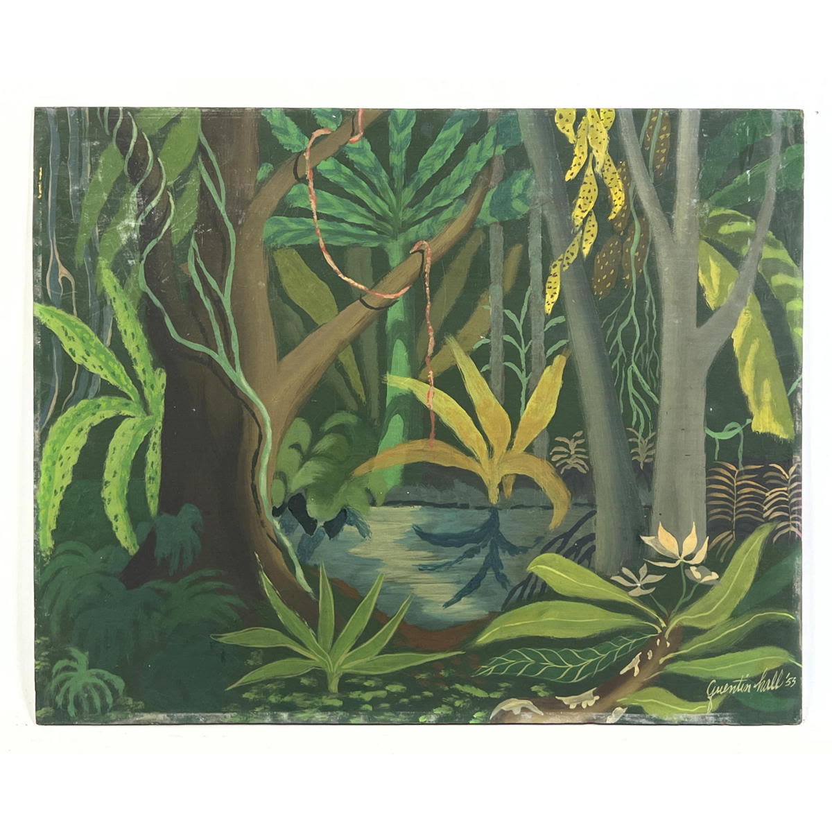 Appraisal: Quentin Hall Painting on Panel Modernist Lush Green Jungle Scene