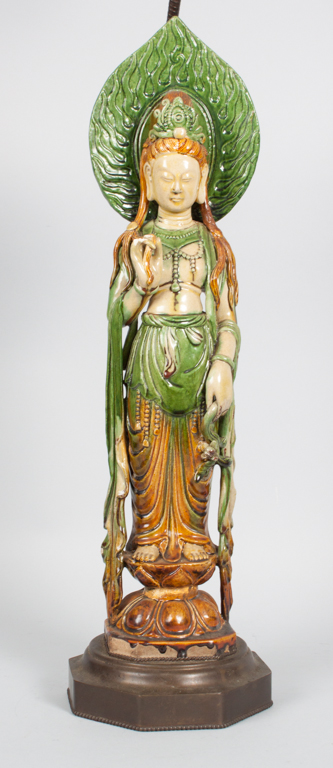 Appraisal: Chinese glazed stoneware Quan-Yin lamp figure standing on lotus base