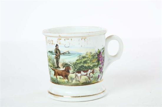 Appraisal: OCCUPATIONAL SHAVING MUG Polychrome hunting scene on porcelain for Geo