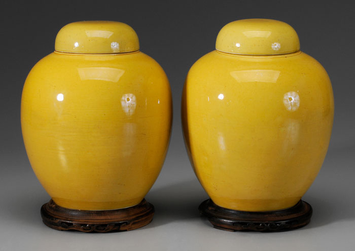 Appraisal: Pair Yellow-Glazed Lidded Jars Chinese th century porcelain egg yolk