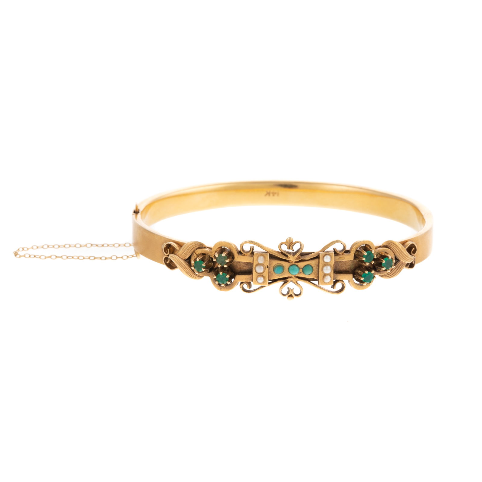 Appraisal: A K VICTORIAN PEARL EMERALD TURQUOISE BANGLE K yellow gold