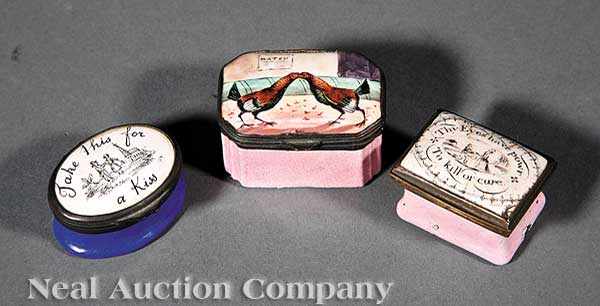 Appraisal: Three Antique Enamel Boxes Fighting Cocks The Eyes Have Power