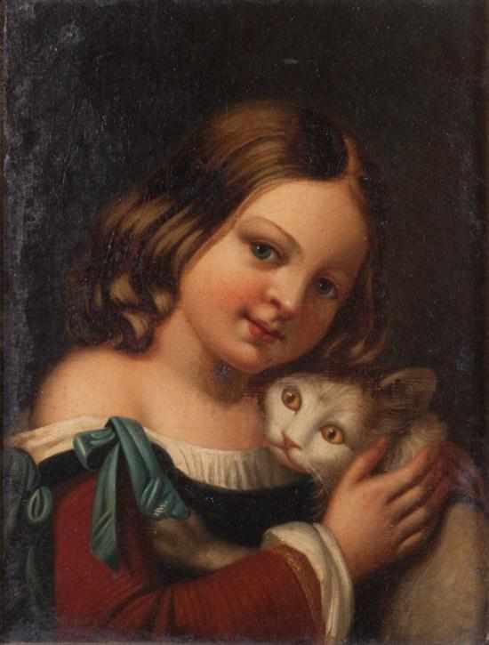 Appraisal: American School th century Girl Holding Kitten oil on canvas