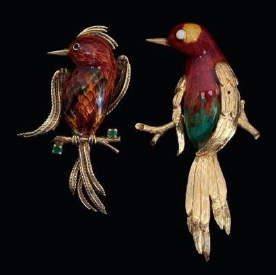 Appraisal: Two enamel gold bird brooches each with burgundy green and