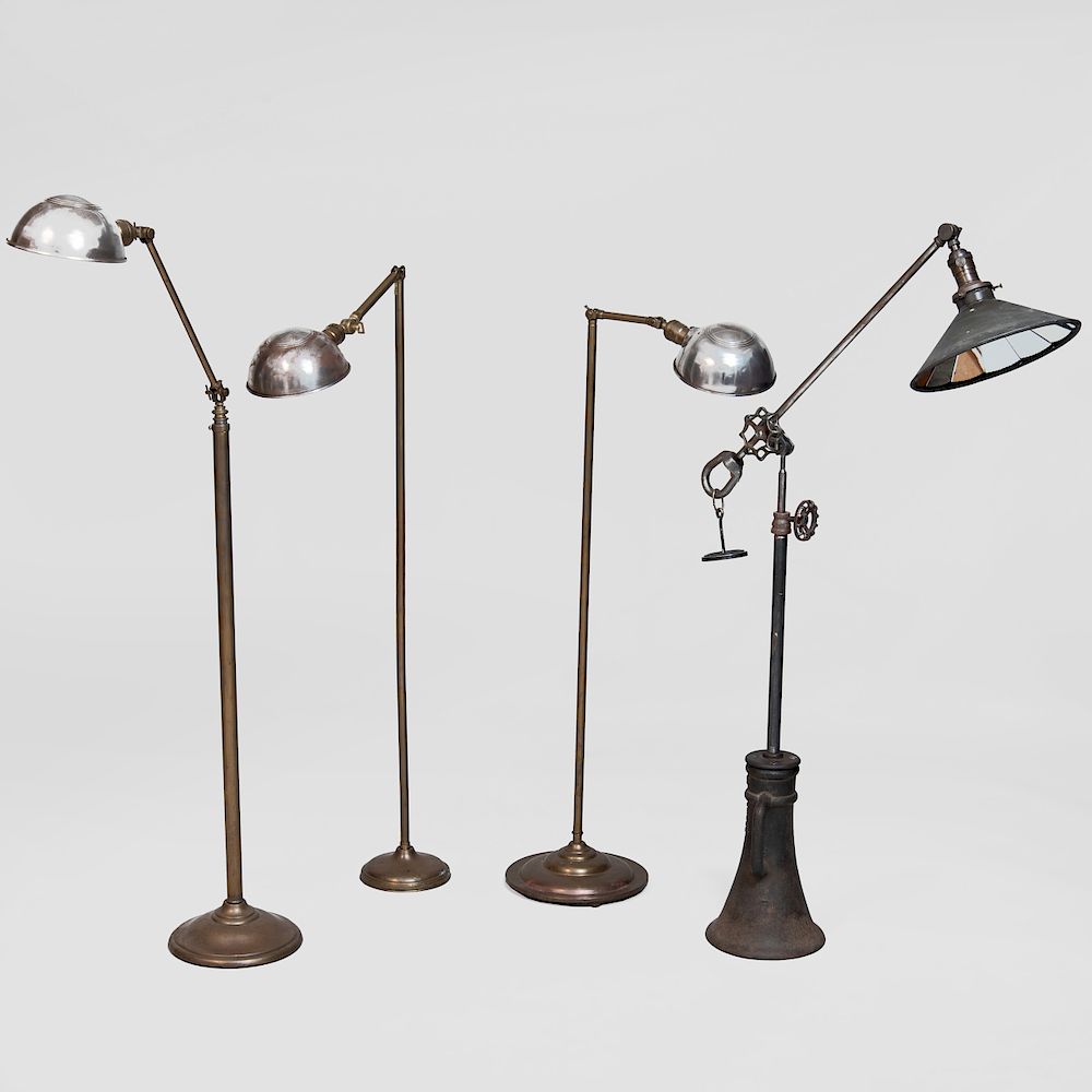 Appraisal: Group of Four Brass and Metal Retractable Floor Lamps Including