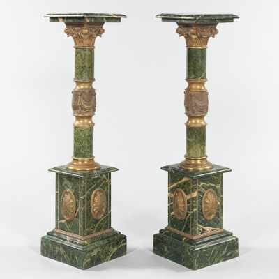 Appraisal: A Pair of Large Green Marble and Bronze Mounted Pedestals