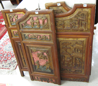 Appraisal: FOUR CARVED AND PARCEL-GILT ARCHITECTURAL WOOD PANELS Chinese late th