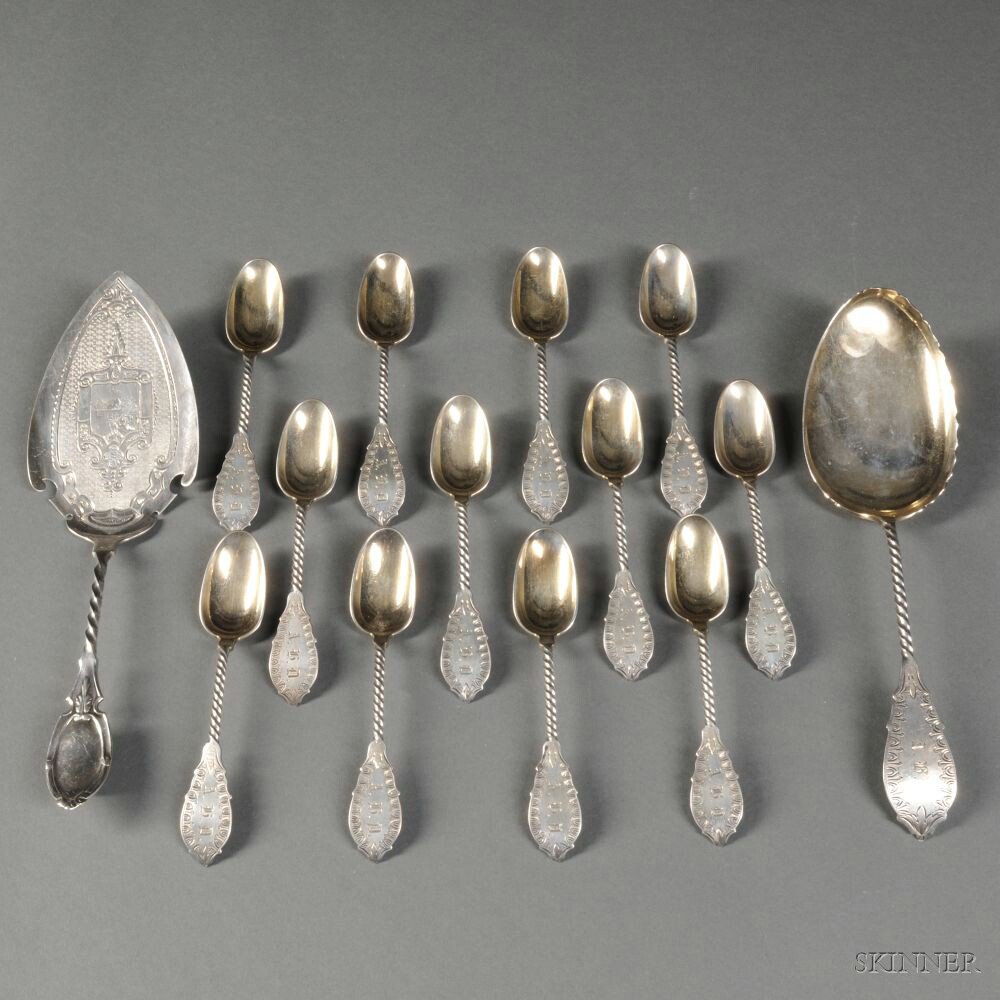 Appraisal: Fourteen Pieces of Silver Flatware with Spiral-turned Stems most Boston