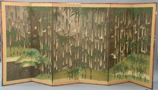 Appraisal: Six panel folding screen depicting sparrows flying amongst bamboo trees