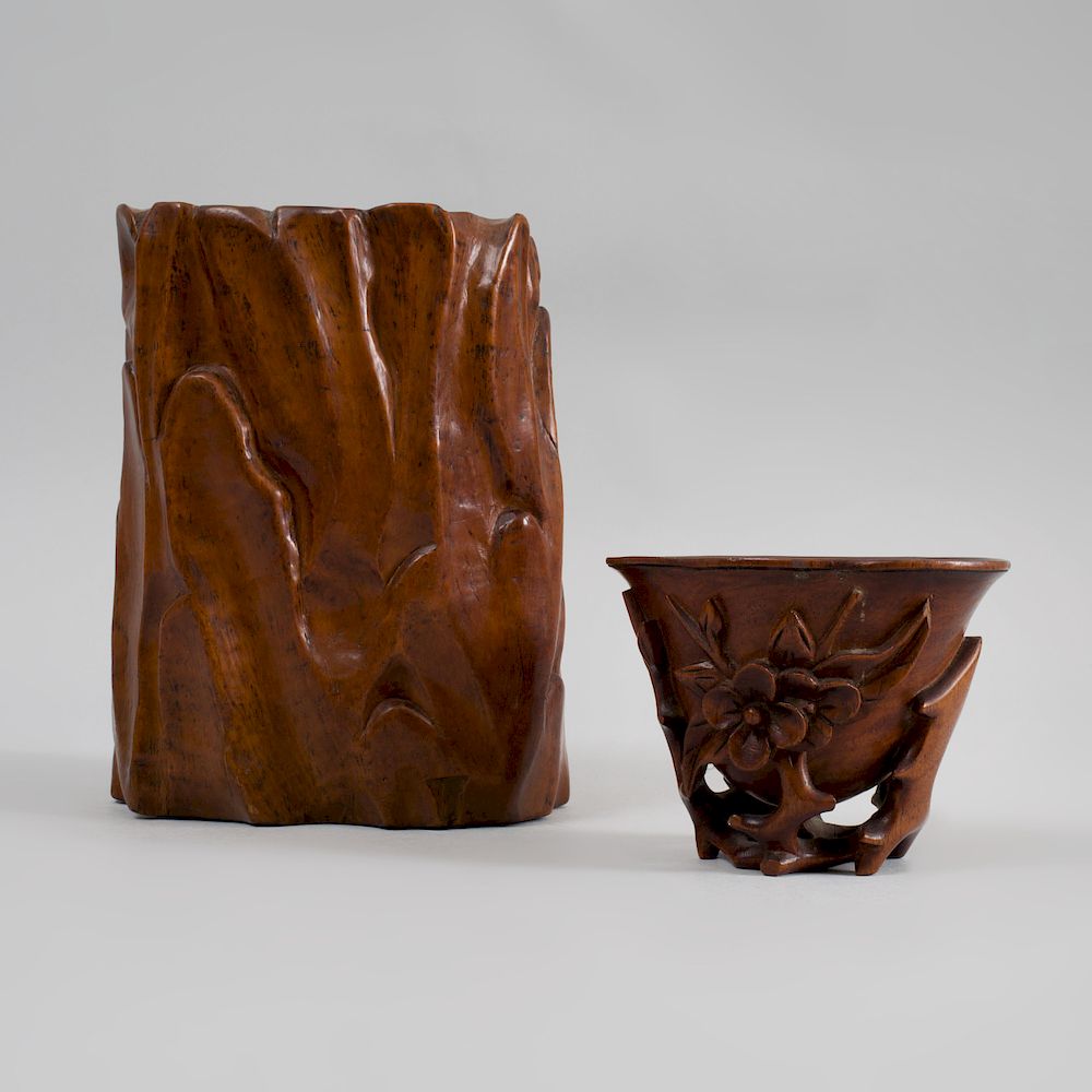 Appraisal: Chinese Carved Wood Libation Cup and a Naturalistic Carved Brush