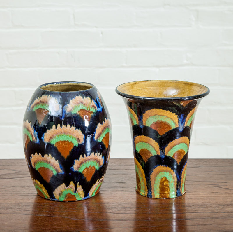 Appraisal: TWO GERMAN DECORATED SECESSIONIST EARTHENWARE VASES x x in and