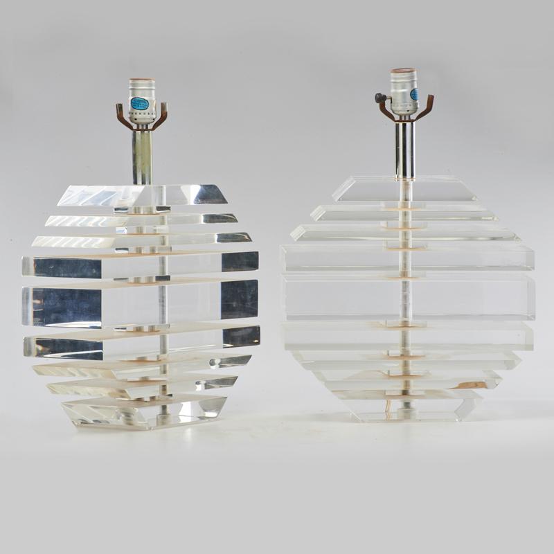 Appraisal: GEORGE BULLIO Two stacked lucite table lamps USA s Both