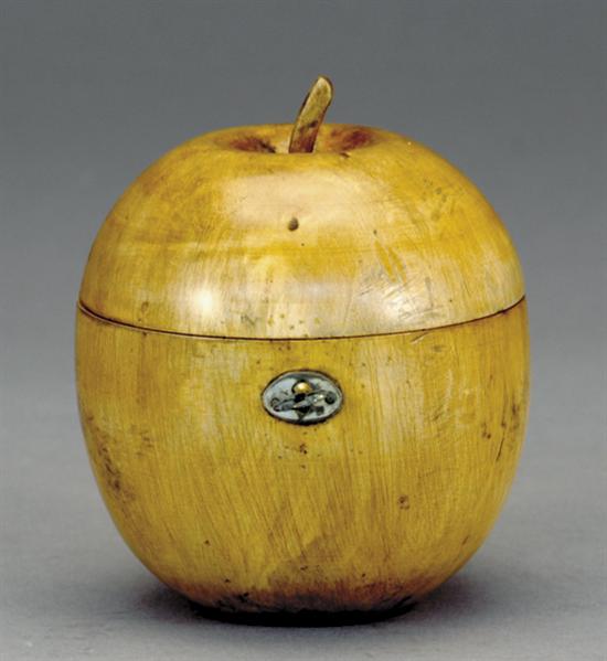 Appraisal: English apple-form wood tea caddy hinged lid opens to foil-lined