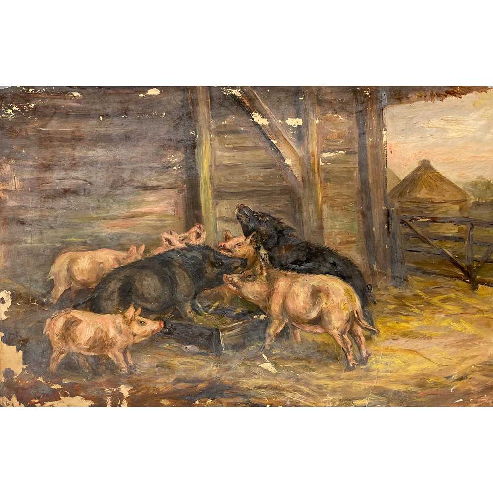 Appraisal: HANNAH BARLOW - FARMYARD SCENE oil on paper together with