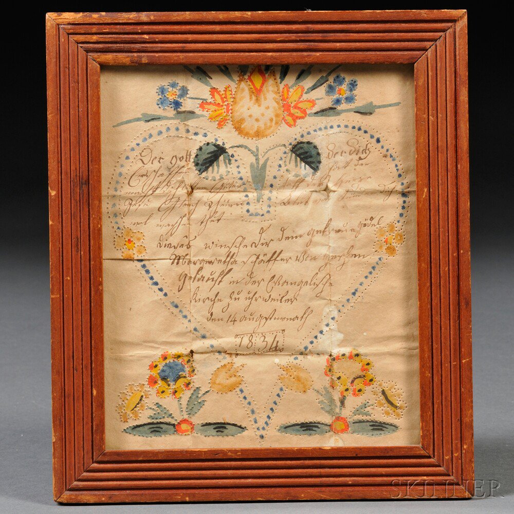 Appraisal: Framed Hand-painted Fraktur dated watercolor on wove paper with pinpricked