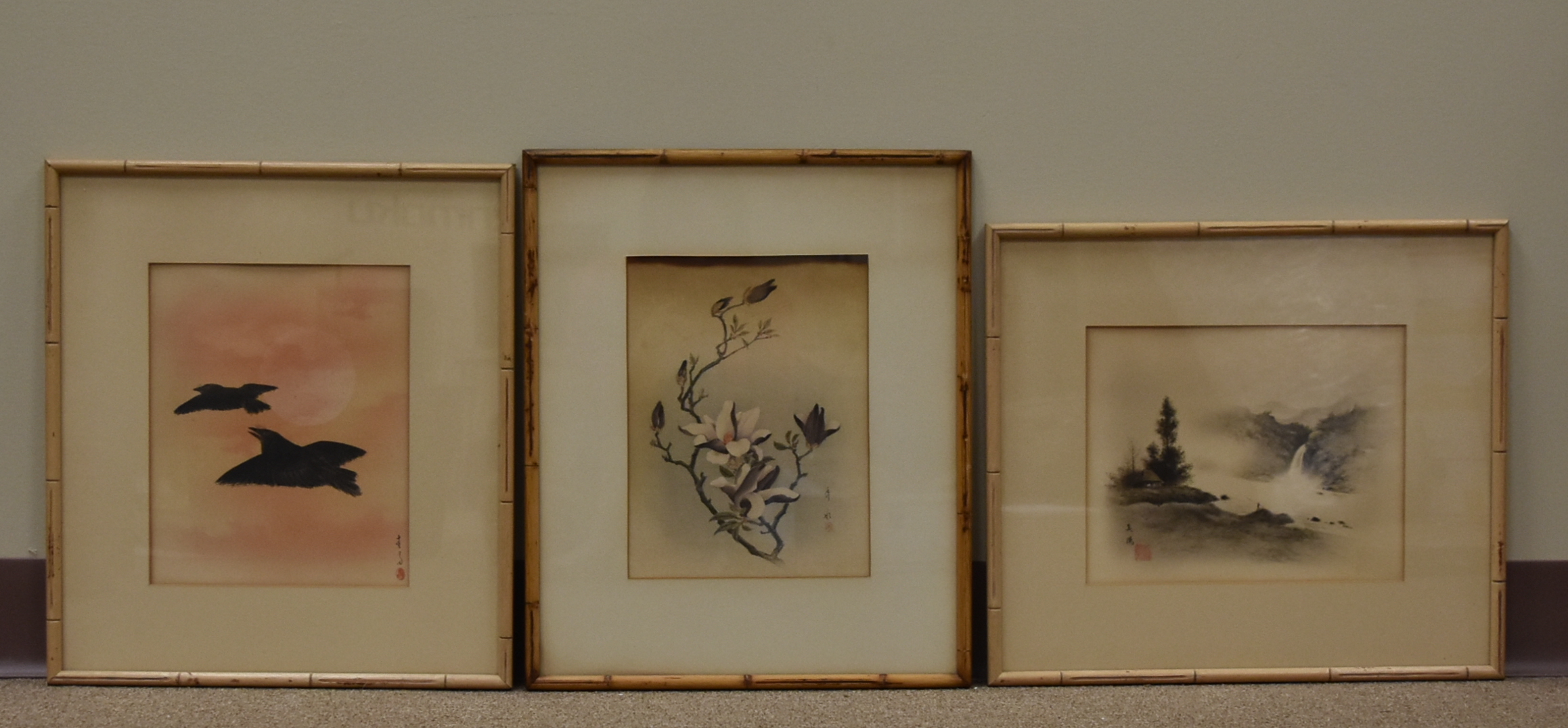 Appraisal: THREE JAPANESE INK PAINTINGS A set of Japanese ink paintings