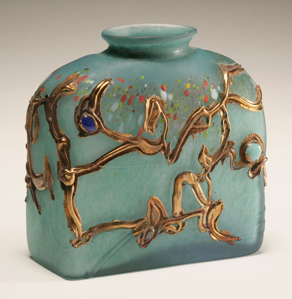 Appraisal: Contemporary green glass flattened bottle vase Applied cabochons and gold