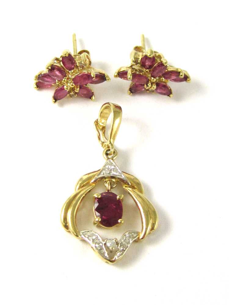 Appraisal: RUBY DIAMOND AND FOURTEEN KARAT YELLOW GOLD PENDANT AND EARRINGS