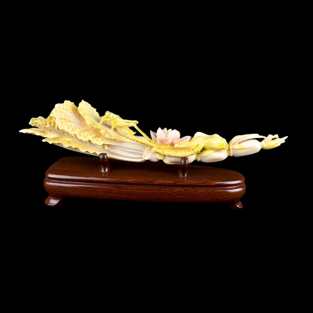 Appraisal: Chinese Carved Polychrome Ivory Cricket on Cabbage Large Chinese Carved