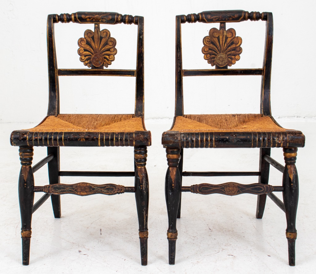 Appraisal: AMERICAN EBONIZED AND PAINTED WOOD RUSH CHAIRS PR Pair of