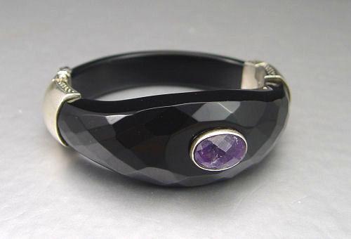 Appraisal: STERLING ONYX AMETHYST BANGLE Bangle is constructed of two solid