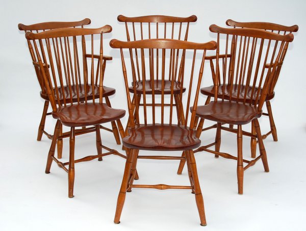 Appraisal: Set of six cherry Windsor style chairs four side and