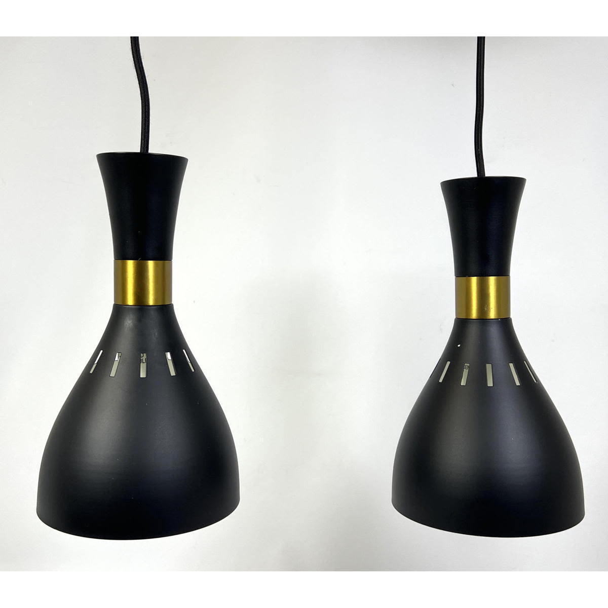 Appraisal: Pr Black Finish Shade Hanging Pendant Lights Corseted Form with