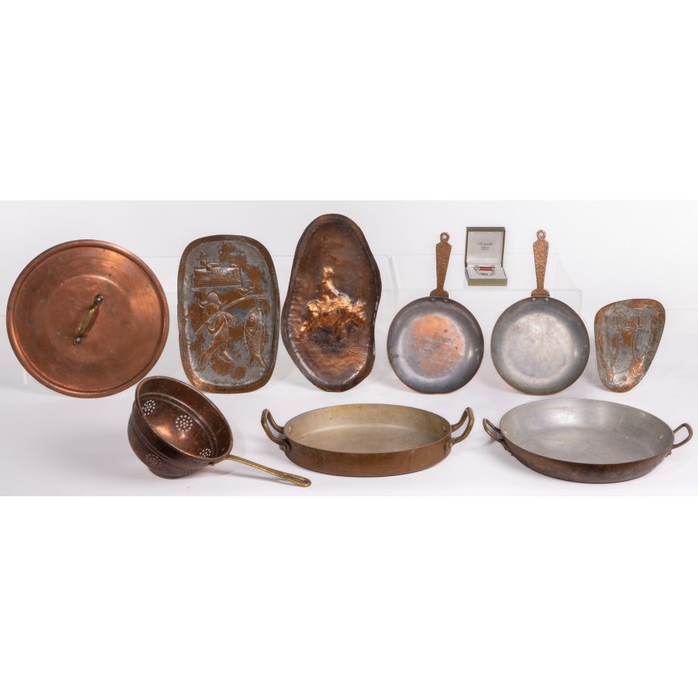 Appraisal: COPPER OBJECT ASSORTMENT items including in French copper skillets handled