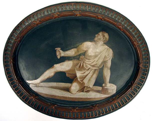 Appraisal: Oval th Century terracotta plaque painted with a Grecian clutching