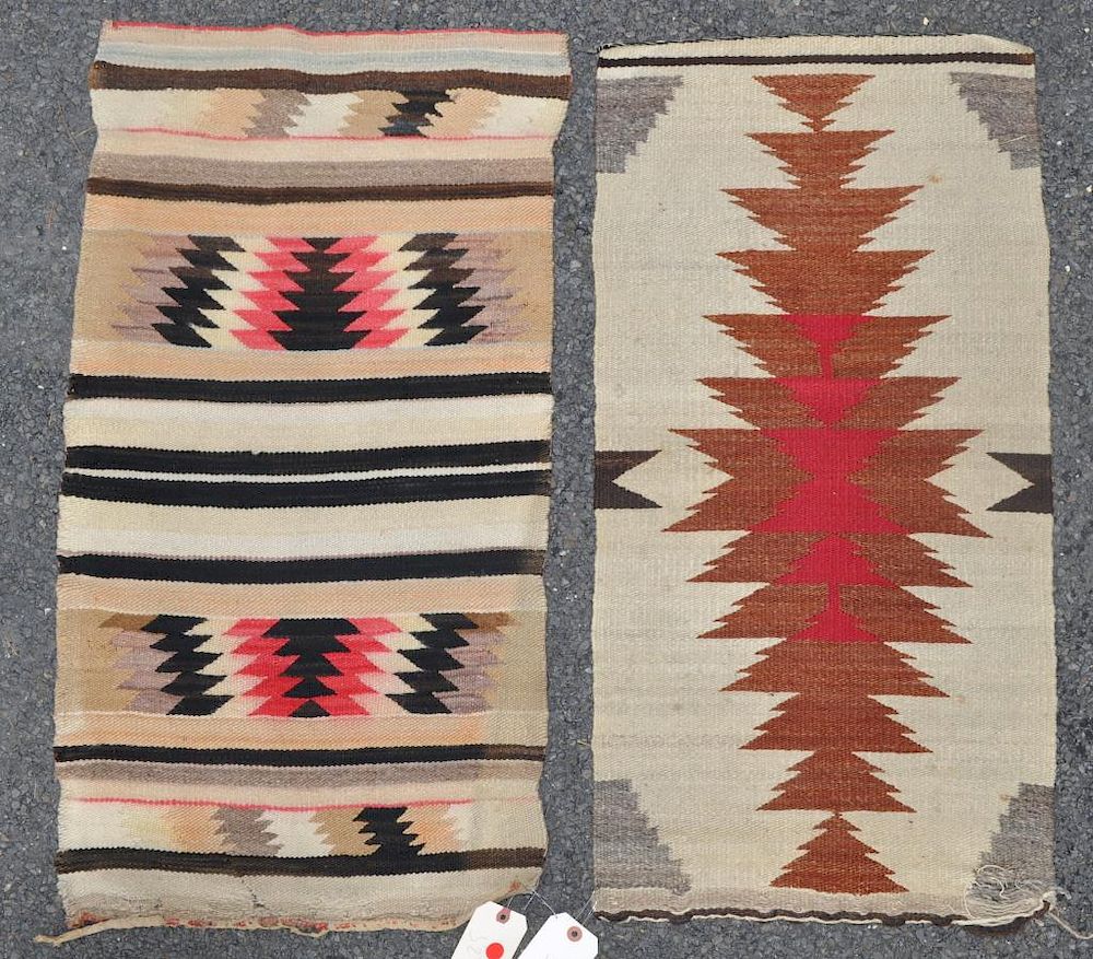 Appraisal: Two Navajo Blanket Mats soiling stains wear bleed holes losses