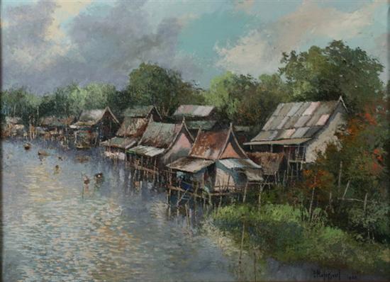 Appraisal: SOUTHEAST ASIAN SCHOOL th century NATIVE HUTS BY LAGOON Signed