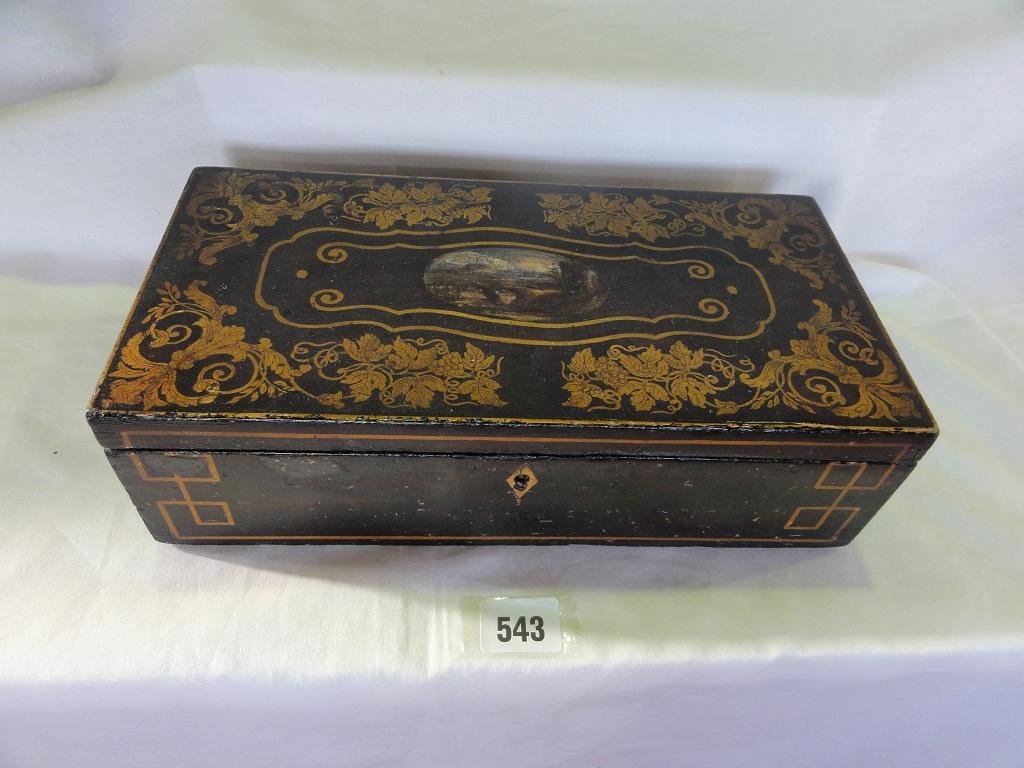 Appraisal: A Regency penwork sewing box with central landscape to the