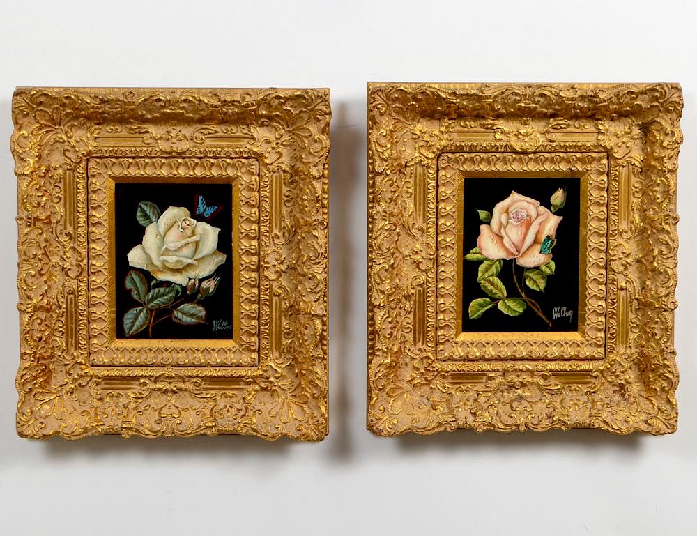 Appraisal: TWO OIL ON PANEL PAINTINGS Depicting roses Both indistinctly signed